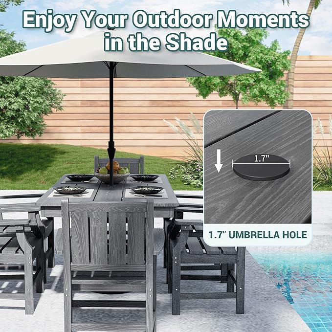 Pamapic 7 PCS Outdoor Dining Set, Spacious HDPE Outdoor Table and Chairs, Wood Grain Patio Furniture Sets with Elegant Armrest, All-Weather Outdoor Furniture with Umbrella Hole, Gray