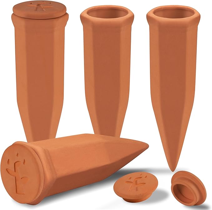 Large Terracotta Watering Spikes with Lids, Automatic Plant Waterer Outdoor | Indoor, Vacation Friendly Clay Plant Watering Devices System, Slow Release Self Watering Planter Insert, 4 Pack