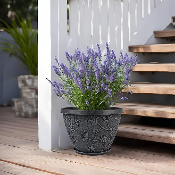 4 Pack 12 Inch Large Flower Pots for Outdoor Indoor, Plastic Plant Pots with Drainage Hole & Saucer, Modern Decorative Garden Pot, Imitation Magnolia Pots for Garden House Planters（Gray）