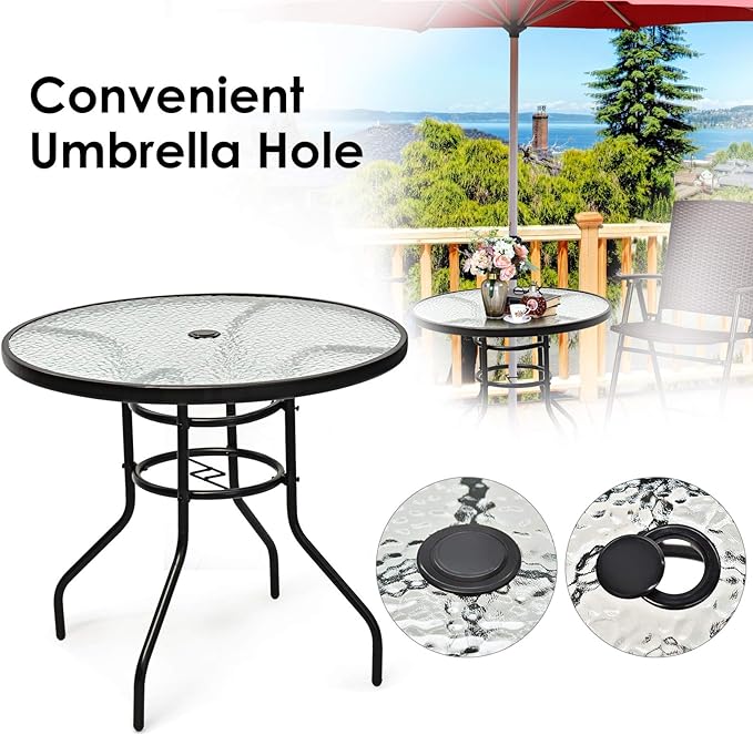 Tangkula 32" Round Outdoor Table with Tempered Glass Top, Patio Dining Table with Umbrella Hole & Metal Frame, Outside Bistro Table for Backyard, Lawn, Deck & Poolside