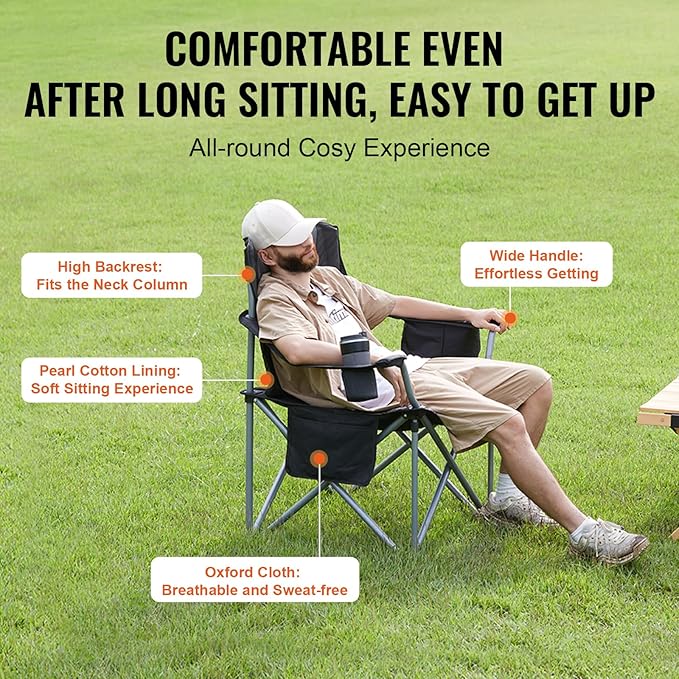 VEVOR Oversized Camping Folding Chair, Portable Heavy Duty Outdoor Quad Lumbar Back Padded with Side Pockets, Cup Holder and Cooler Bag for Beach, Lawn, Picnic, Fishing, Backpacking, Black