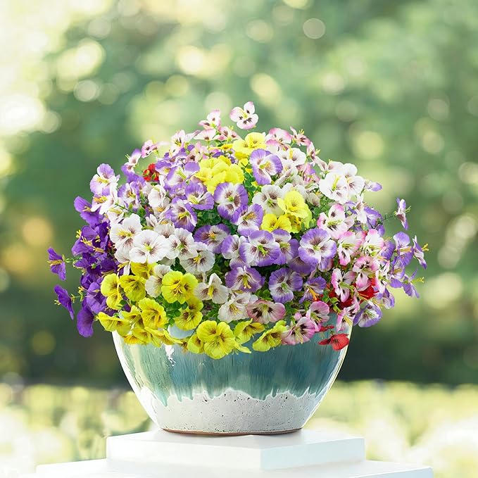 24 Bundles Artificial Pansy Flowers for Outdoor, Faux Silk Pansies Spring Flowers Outside for Planter Front Door Porch Patio Yard Window Box Home Decor (Purple, Yellow, White,Red)