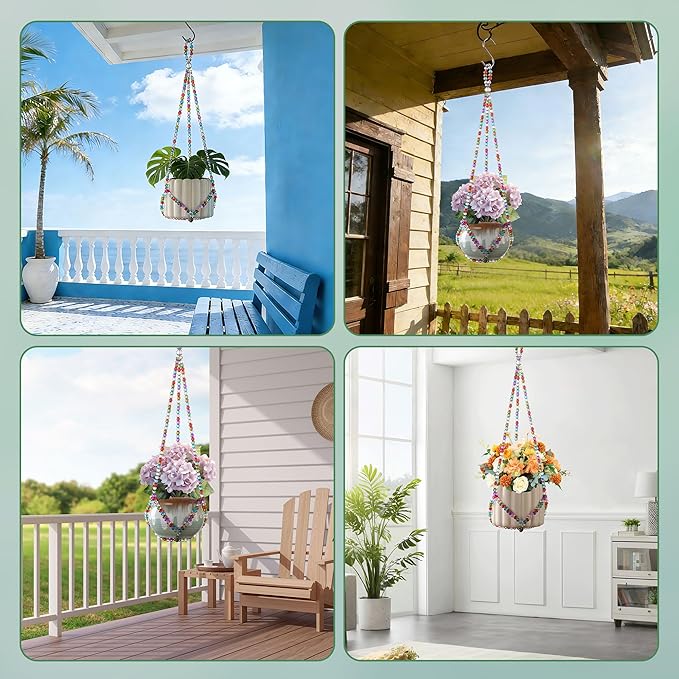 17''，2 Pack Macrame Plant Hanger, Handmade Glass Bead Plant Hanger Colorful Decorative Bohemian Hanging Planter Holder for Indoor and Outdoor Home Garden Decor. Includes Two Hooks.