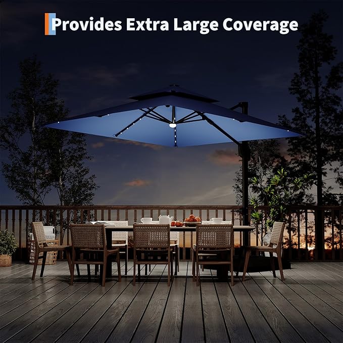 Garvee 10 ft Solar Lights Cantilever Patio Umbrella with Base Included, 360° Rotation Offset Umbrella, Easy Crank & Tilt Adjustment, UV Protection for Backyard, Poolside, Deck -Navy Blue