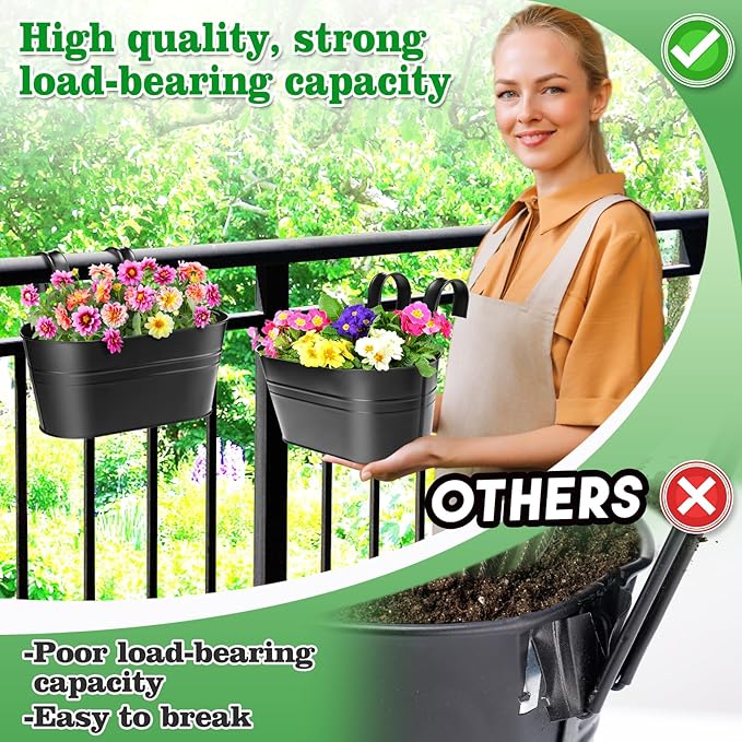 MADHOLLY Railing Planter with Drainage Holes - Sturdy Bucket Pots for Railing Fence, Countryside Style Metal Flower Pots for Herbs Balcony Garden Yard Decor, 2Pcs, Black