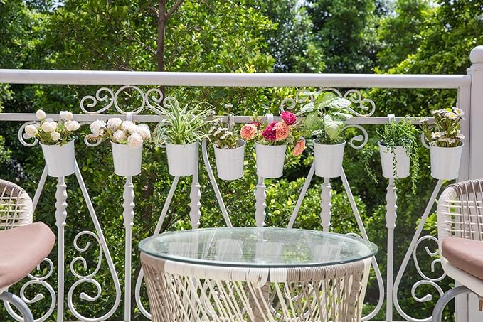 Dahey 10 Pcs Hanging Flower Pots Metal Iron Bucket Planter for Railing Fence Balcony Garden Home Decoration Flower Holders with Detachable Hooks, White, 5 inches