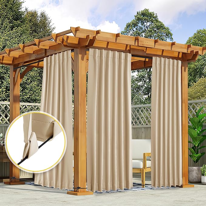 NICETOWN 2 Panels Outdoor Curtains for Patio Waterproof & Windproof, Pocket & Back Tab on Top & Bottom Weighted Drapes Keep Sun/Rain Out with Bonus Rope for Pergola, Biscotti Beige, W52 x L108