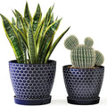 Docrin Blue Honeycomb Ceramic Plant Pot Set - 6.6"+5.5" Inch, Modern Decorative Planters with Drainage Holes & Saucers for Indoor/Outdoor Home Office