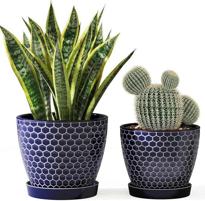 Docrin Blue Honeycomb Ceramic Plant Pot Set - 6.6"+5.5" Inch, Modern Decorative Planters with Drainage Holes & Saucers for Indoor/Outdoor Home Office