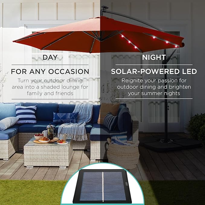 Best Choice Products 10ft Solar LED Offset Cantilever Hanging Market Patio Umbrella, 8 Sturdy Ribs, Easy Adjustment - Rust