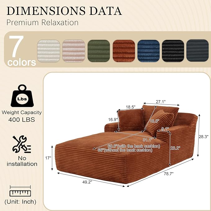 80 Inch Chaise Lounge Chair Indoor, Oversized Corduroy Upholstered Boneless Sofa Bed, Deep Seat Sleeper Couch Reading Chairs, Cloud Sofas Couches for Living Room, No Assembly Required (Brown)