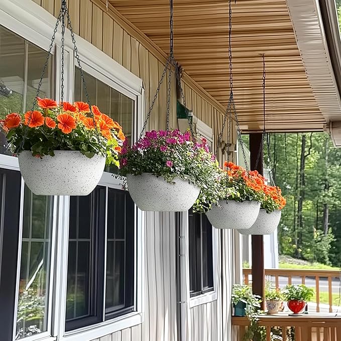 T4U Plastic Hanging Baskets 2-Pack - 12 Inch Large Hanging Flower Planter with Drainage Hole for Indoor Outdoor Plants, Round Plant Pot for Home Garden Porch Balcony Patio Decor (White)