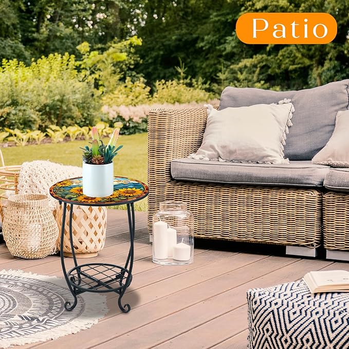 Outdoor Side Table Round Small Mosaic Patio Accent Indoor End Plant Coffee Tea Table for Yard Patio Porch Garden Living Room, Bedroom(Sunflower Style,14 Inch)