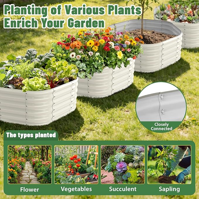 Hexagon Raised Garden Bed, 48 Inch Diagonal & 16.5 Inch Tall, Galvanized Steel Planter Box with Wave-Shaped Metal Panels for Outdoor Flower,Tree,Herb & Vegetable Garden (Cream white, 4FT X 1.5FT)