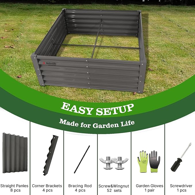 A ANLEOLIFE 4X4X1.5 ft Galvanized Raised Garden Beds Outdoor, Square Metal Planter Box for Planting Vegetables Flowers Herb, Anti-Rust & Easy-Setup, Quartz Grey