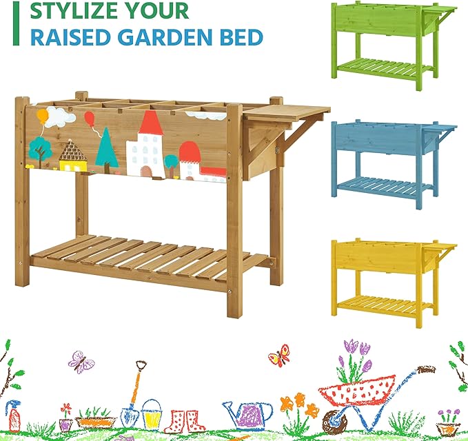 Yaheetech 49x22x32in 8 Pockets Horticulture Raised Garden Bed Elevated Wood Planter Box Stand with Foldable Side Table and Storage Shelf for Herb/Vegetables/Flowers, Light Brown