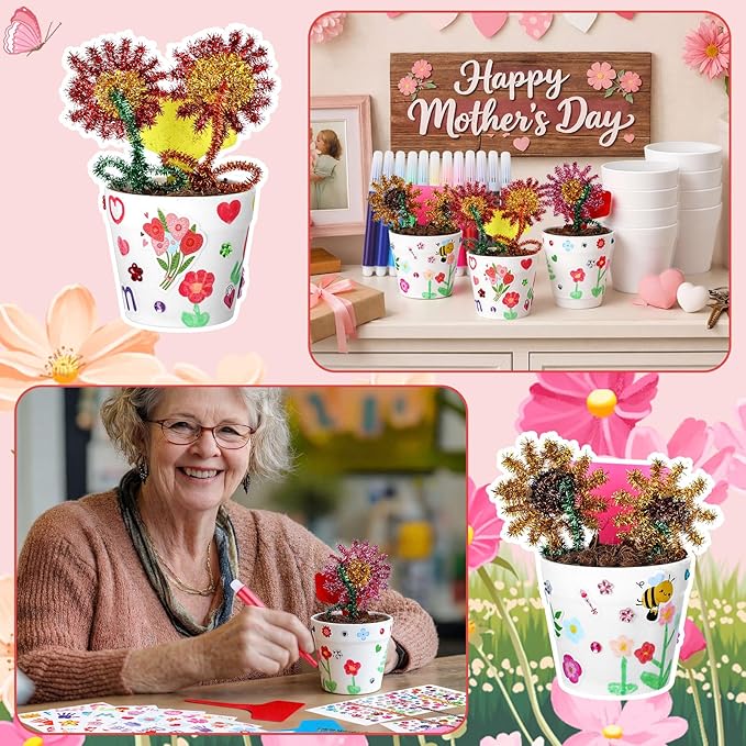 Funnymoom 48 Set Paintable Flower Pot Craft Kit DIY Spring Pots Craft for Mom with Watercolor, Pen Stickers, Plant Labels Garden Growing Kits for Spring Mother's Day Fun Activity