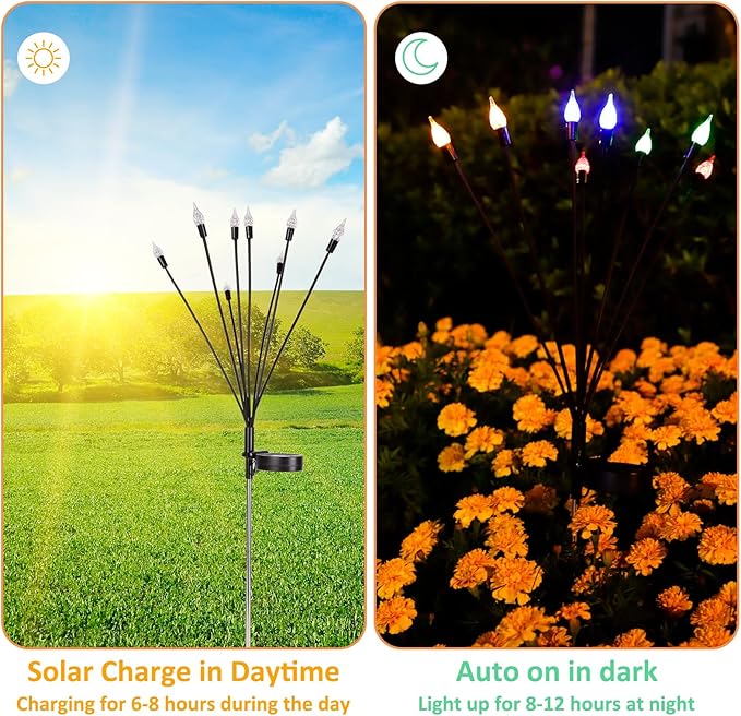 2 Pack Each 8 LEDs Solar Garden Lights Waterproof Outdoor Landscape Path Firefly Lights Single Spike Bulb Swaying Light Multicolor