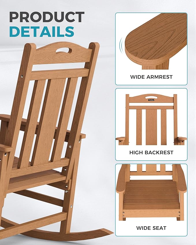 Ciokea Oversized Outdoor Rocking Chairs Set of 4, 380lbs Heavy-Duty Large Patio Rocker, High Back Cozy Porch Chairs, Weather Resistant Patio Rocking Chairs for Outside, Fire Pit, Deck, Teak