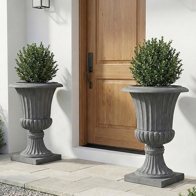 Urn Planters 22", Set of 2, Tall Stone-Resin Pedestal Planters for Outdoor Plants, Large Front Porch Decor, Patio Garden Pots, Outdoor Urns for Entryway, Porch & Deck, Grey Plant Pot