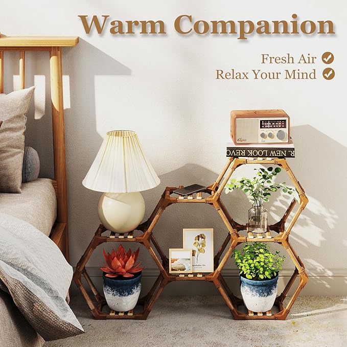 Tikea Plant Stand Indoor Outdoor Hexagonal Corner Plant Stand for Succulents Small Plants Wooden Plant Shelf 7 Tiered Creative DIY Flowers Stand Rack for Living Room Balcony Patio Window
