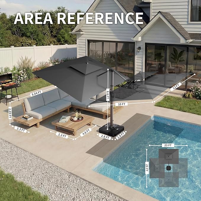 10 X 13 FT Cantilever Patio Umbrella with LED Lights Outdoor Heavy Duty Double Top Windproof Rectangle Offset Umbrellas with 360-degree Rotation for Pool Deck Backyard, Grey