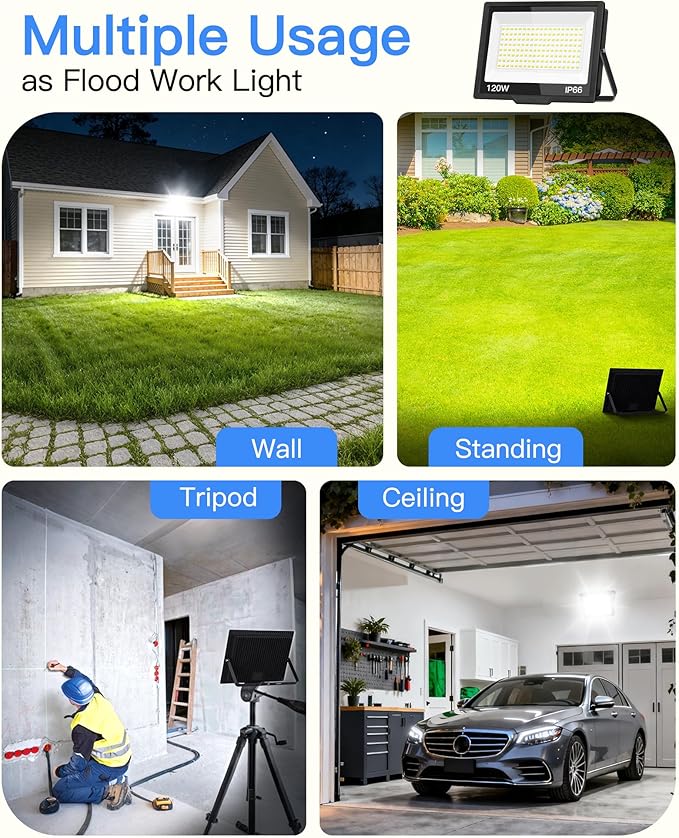 120W LED Flood Light Outdoor with Plug, 14400Lm Super Brighter Security Lights with 5ft Wire, IP66 Waterproof LED Work Light, 5000K Daylight White Exterior Floodlights for Yard Garage Stadium(2 Pack)