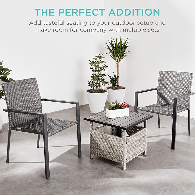 Best Choice Products Set of 2 Stackable Outdoor Wicker Dining Chairs All-Weather Firepit Armchair w/Armrests, Steel Frame for Patio, Deck, Garden, Yard - Gray