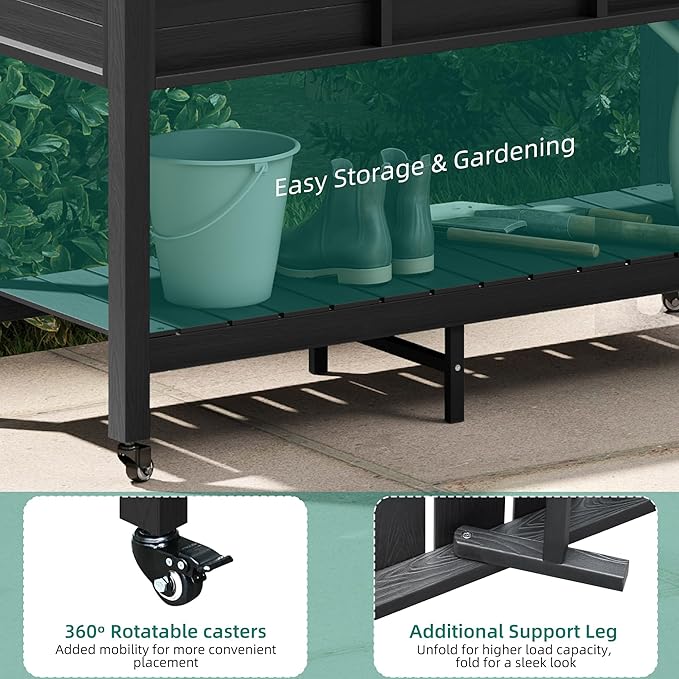 YITAHOME Raised Garden Bed HDPE, 47x18x31In Raised Flower Bed Poly-Wood Weather-Resistant Elevated Planter Box with Lockable Wheels & Storage Shelf for Vegetable Flower, Black