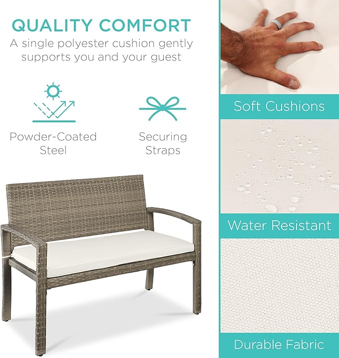 Best Choice Products Outdoor Bench 2-Person Wicker Garden Patio Benches Seating Furniture for Backyard, Porch w/Seat Cushion, 700lb Capacity - White Sand/Taupe