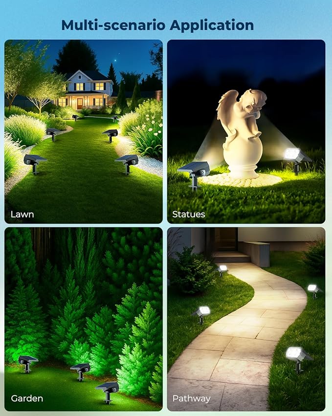 6 Packs Solar Spot Lights Outdoor, 64 LED 6500K Solar Lights Outdoor, IP67 Waterproof, Adjustable Brightness Dusk to Dawn Solar Spotlights for Garden, Yard, Lawn, Walkway, Driveway - Cool Daylight