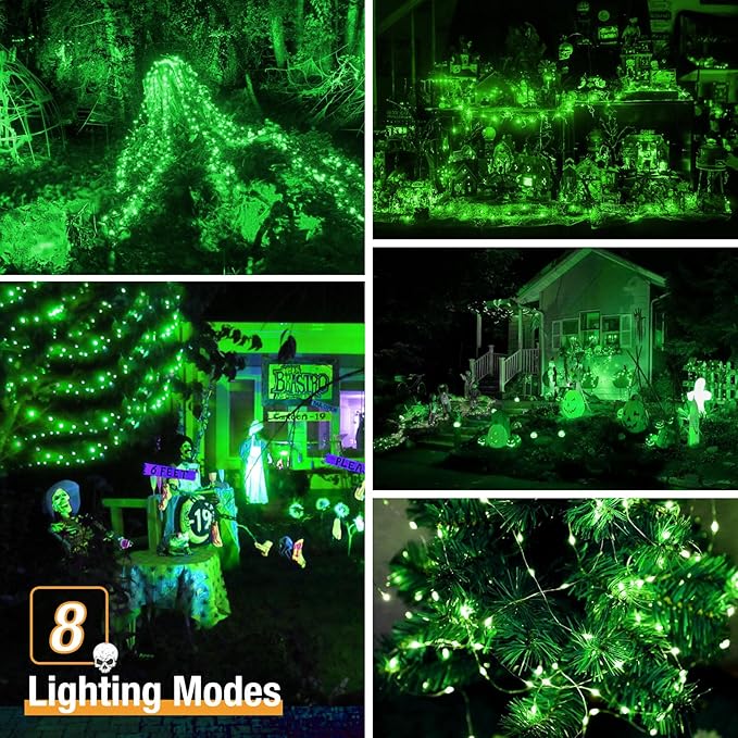 btfarm 2 Pack Solar String Lights Outdoor, 160LED 66FT Halloween Solar Fairy Lights Outside Waterproof, 8 Modes Solar Powered Twinkle Lights for Tree Garden Patio Halloween Decorations, Green
