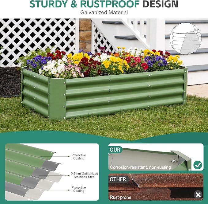 Galvanized Raised Garden Bed - 4x2x1ft Metal Garden Planter Box Outdoor | Steel Raised Bed Kit with Bracing Rods, Gloves for Gardening Vegetables Fruits and Flowers (Oliver Green)