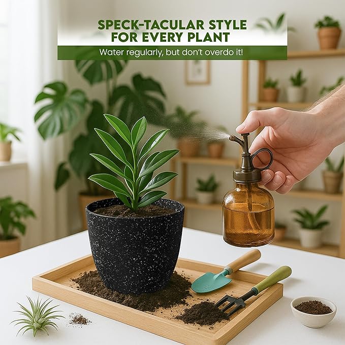 Utopia Home - Spotty Plant Pots Indoor with Drainage - 7/6.6/6/5.3/4.8 Inches Flower Pots - 10 Pack Plastic Planters - Ideal for Stocking Stuffers - (Speckled Black, Pack of 10)