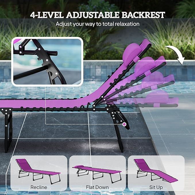 Outsunny Folding Chaise Lounge Chair Set of 2, Patio Sun Tanning Chair, Outdoor Chaise Lounger with 4-Position Reclining Back, Breathable Mesh Seat for Beach, Poolside, Yard, Purple