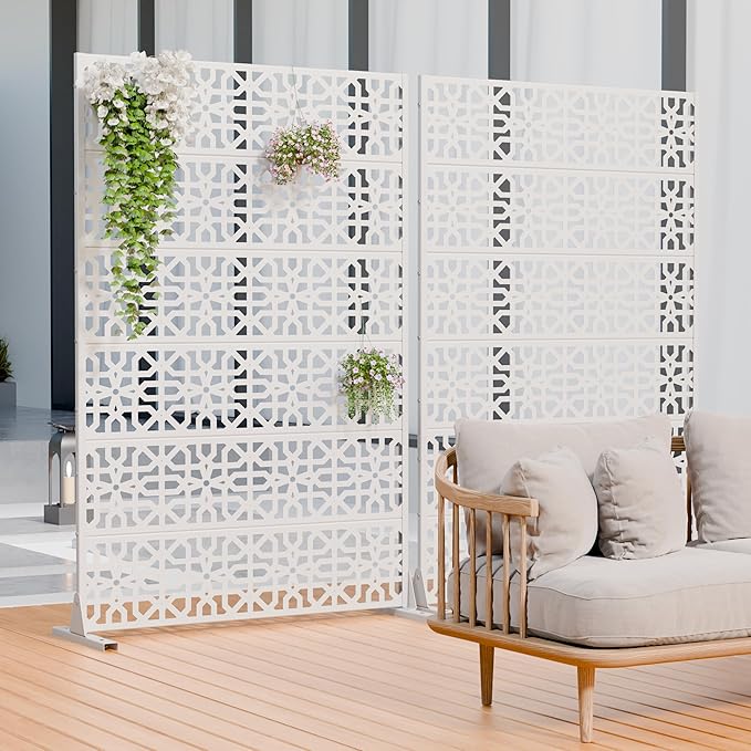 Casaphoria Metal Privacy Screen Outdoor, 72" H x 47" W Freestanding Decorative Privacy Screen for Patio Deck Balcony Garden with Stable Base, White-Perilla