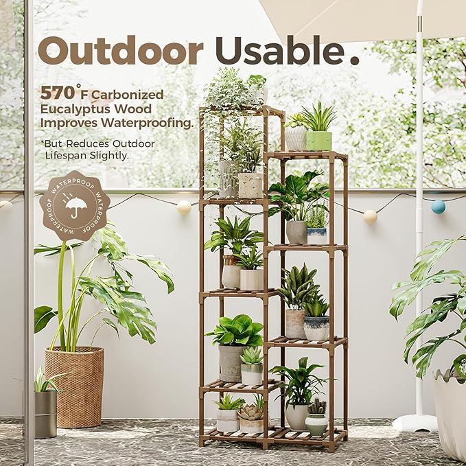 Bamworld Plant Stand Indoor Tall Plant Shelf Outdoor Corner Plants Table Wood Flower Stand for Living Room Balcony and Garden (9 pots)