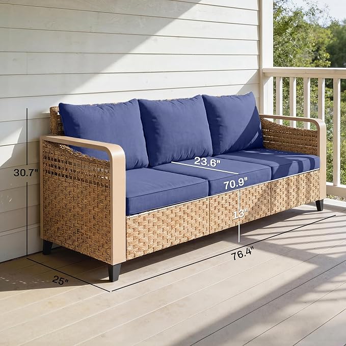 Outsunny Outdoor Patio Couch with Wide and Deep Seat, 3 Seater Wicker Outdoor Sofa with Wide Metal Armrests, Patio Furniture Couch with Cushions for Porch, Garden, Backyard, Dark Blue | Removable Covers