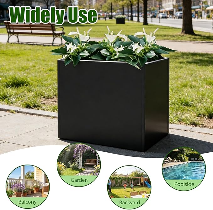 Metal Rectangular Planter, Metal Planter Box, 38" L x 13" W x 30" H Large Heavy Duty Tall Black Planter Box with Drainage Holes and Adjustable Balancing Feet Ideal for Porch, Garden, Patio, Yard