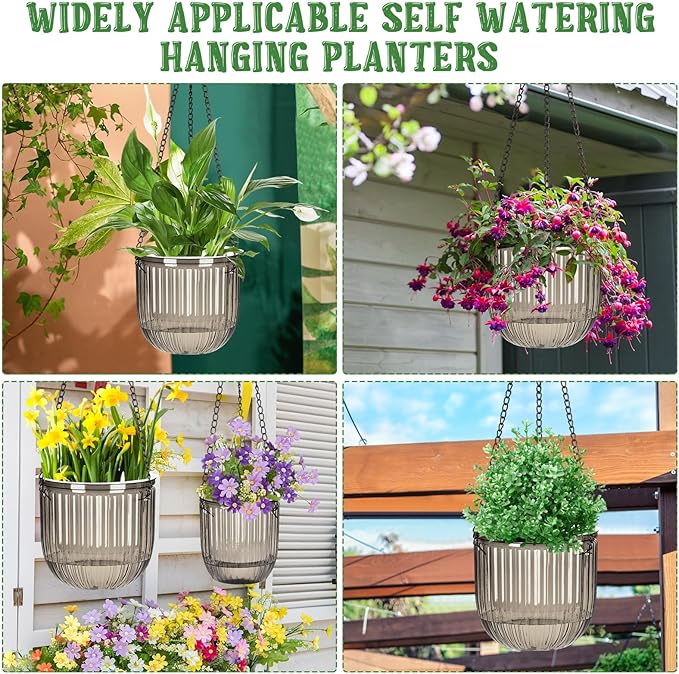 Maxcheck 4 Pcs Self Watering Hanging Planters Indoor Gift 6.5'' 4.5'' Hanging Flower Pots Baskets Outdoor Self Watering Plant with 3hooks Drainage Holes for Home(Gray)