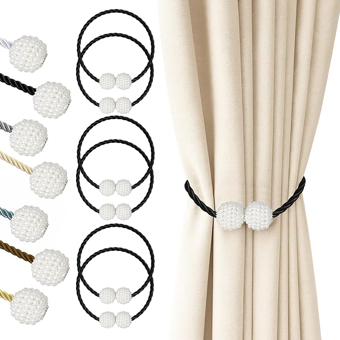 Hion Magnetic Curtain Tiebacks Black 6 Pack, Curtain Tiebacks Buckles Holdbacks Holders Hooks Clip for Home Bedroom Office Decorative Thick or Thin Curtain