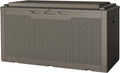 JUMMICO 100 Gallon Resin Deck Box with Cushion, Waterproof Outdoor Storage Box with Lockable Lid for Garden Tools, Patio Cushions (Light Brown)