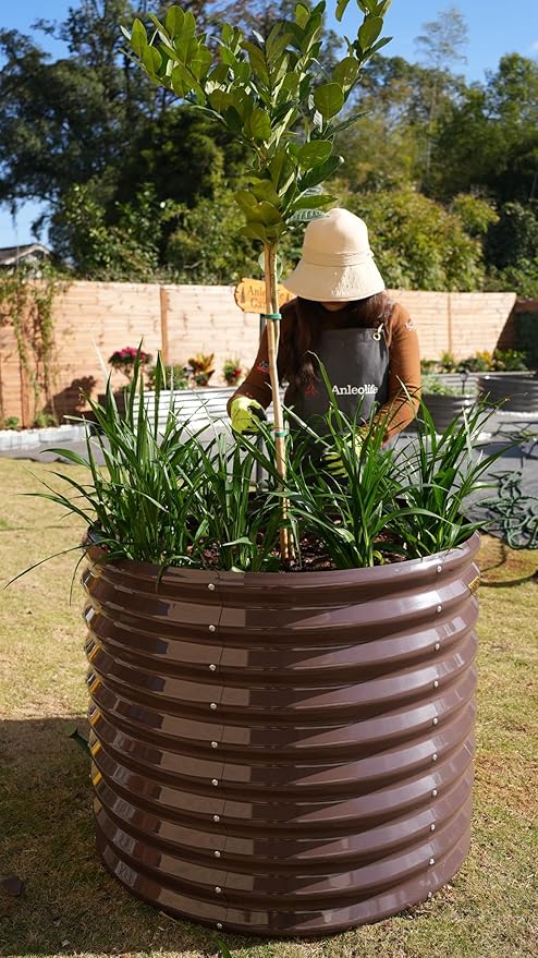 A ANLEOLIFE Set of 6, 30 Inch Extra Tall Galvanized Raised Garden Beds Kit, Large Oval & Round Metal Planters – Ideal for Backyard Vegetables Flowers Herbs, CaféBronze