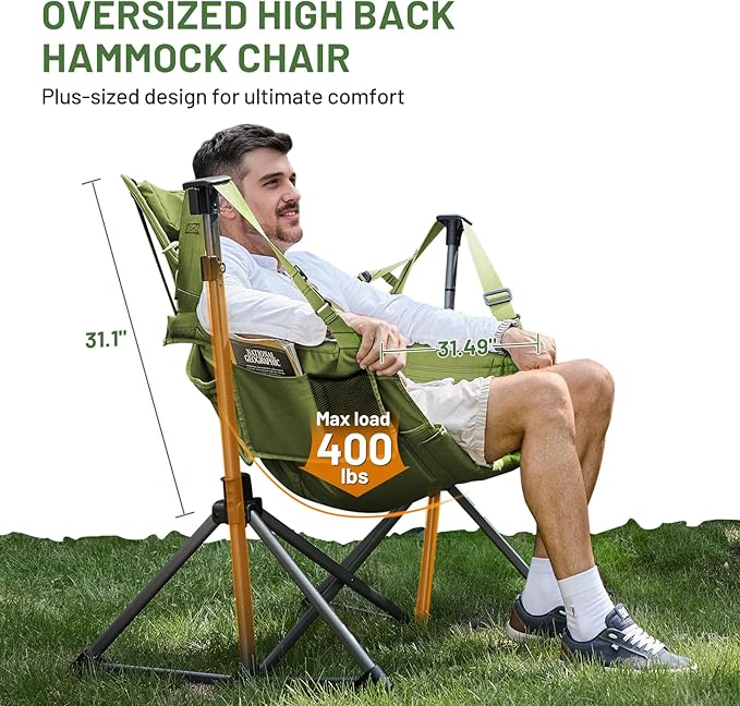 TIMBER RIDGE Hammock Camping Chair, Oversized Swinging Hammock Chair with Adjustable Back and Seat for Outdoor Lawn, Sports, Supports 400lbs, Green