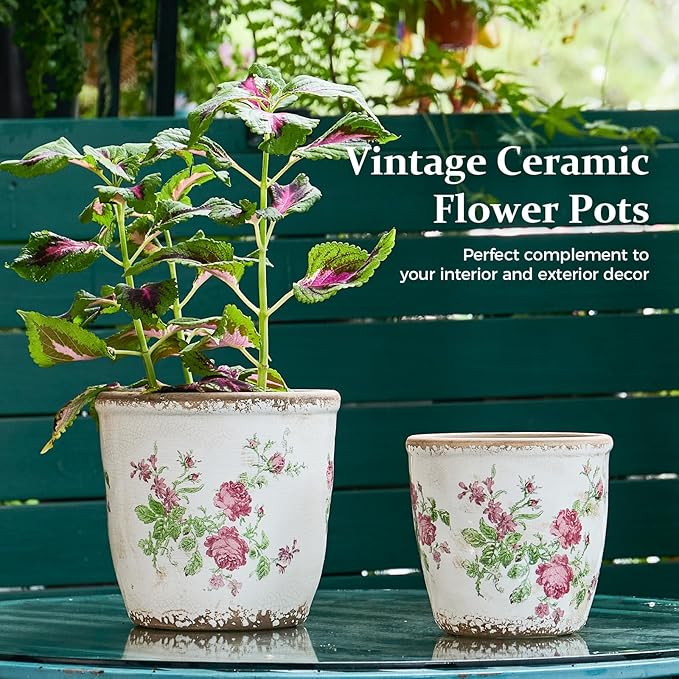 Vintage Ceramic Planter with Drainage Hole, Plastic Tray & Mesh, 5.5 Inch - Indoor/Outdoor Flower Pot, Pink Floral Rustic Farmhouse Design Plant pot for Home, Office & Garden Décor, Ideal Gift