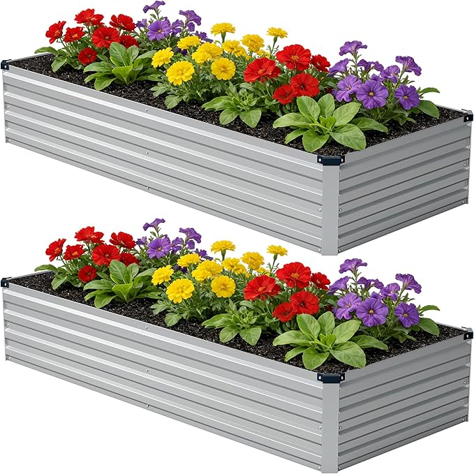8x2x1 ft(2 Pack) Galvanized Raised Garden Bed,Outdoor Planter Box Metal Patio Kit Planting Bed for Vegetables Flowers and Succulents,Silver