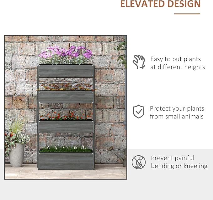 Outsunny Vertical 4 Tier Raised Garden Bed, Wooden Planter Box, Self-Draining with Bed Liner for Indoor Outdoor Flowers, Vegetables and Herbs, Gray