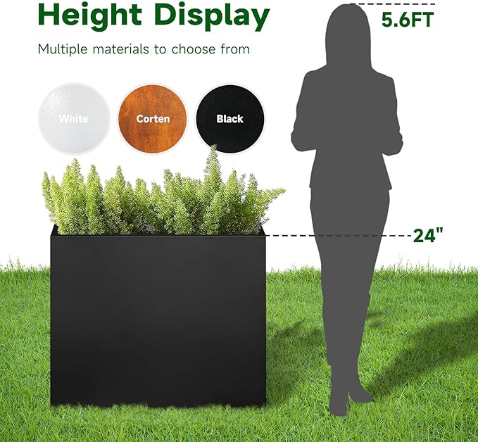 Black Steel Planter Box for Outdoor Plants 24" x 10" x 24" Metal Rectangular Outdoor Planter Box All-Weather Use with Drainage Holes for Patio,Porch,Garden (Black, 24 * 10 * 24)
