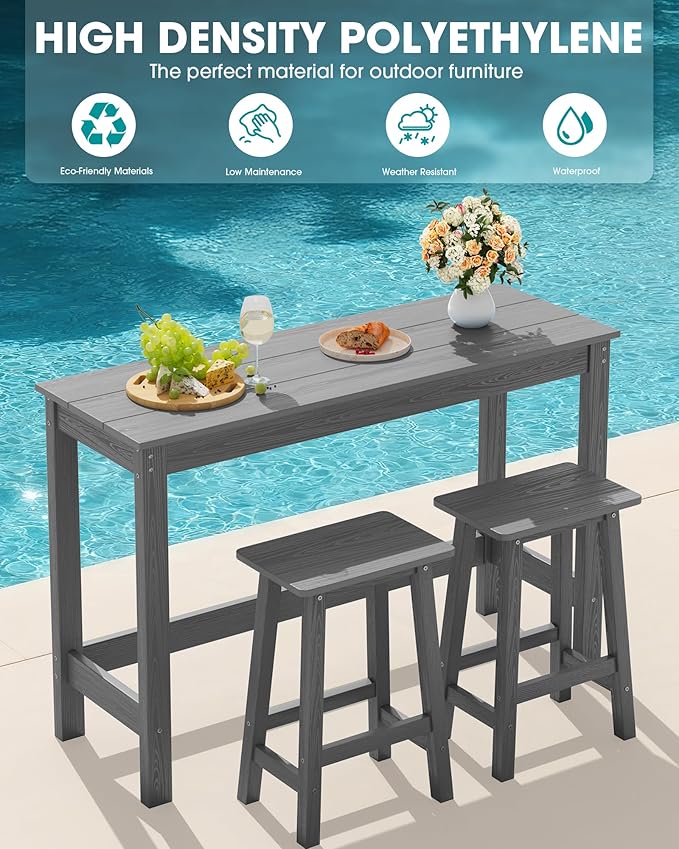 SERWALL 3-Piece Outdoor Bar Set, Rectangular All Weather HDPE Bar Height Patio Set, Outdoor High Top Table and Stools for for Outside, Poolside, Backyard, Garden, Grey