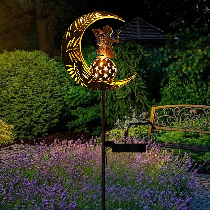 ZKLiLi Christmas Garden Solar Lights Pathway Stake Lights Moon Fairy with Angel Decor, Gardening Birthday Gift for Mom Grandma Friends, Outdoor Decor Light Waterproof for Walkway, Yard, Patio